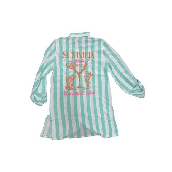 Betsey Johnson Striped Beach Cover-Up Shirt, Seafoam - Picture 4 of 12